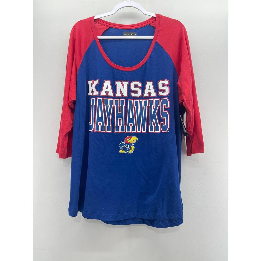 5th & Ocean Kansas Jayhawks Blue Red Baseball Style 3/4 Sleeve Scoop Neck Tshirt